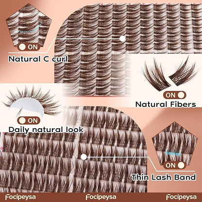 Focipeysa Brown Lash Clusters Wispy Eyelash Extensions Spiky Lash Extension Natural Eyelash Extension 10-16mm Eyelash Clusters Brown Fairy Individual Lashes Clusters C Curly DIY Salon Effect Lashes