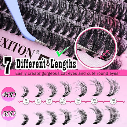 DIY Lash Extension Kit 40D+50D Volume Lash Clusters Kit with Lash Bond and Seal 280 pcs Thick Individual Lashes 9-16 mm D Mink Lashes Cluster, Lash Cluster Remover and Tweezers by FANXITON