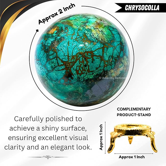 Amazing Gemstone Chrysocolla Shattuckite Crystal Ball with Stand - 2 Inches Crystal Sphere Meditation Balls for Witchcraft and Decorative Balls
