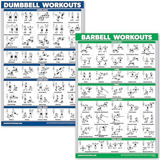 QUICKFIT Dumbbell Workouts and Barbell Exercise Poster Set - Laminated 2 Chart Set - Dumbbell Exercise Routine & Barbell Workouts (18" x 24")