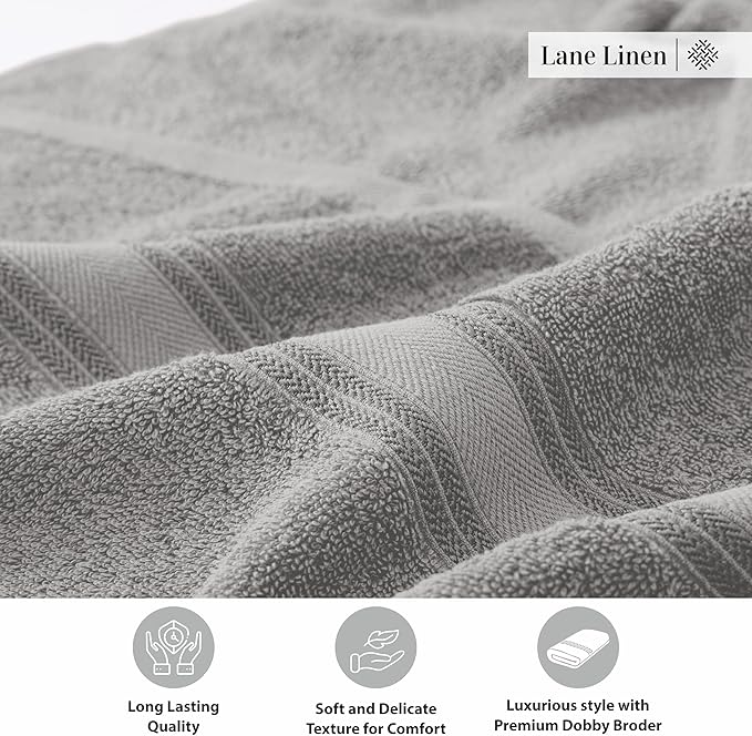 LANE LINEN 100% Cotton Bath Towels Set of 4 (28"x54") - Zero Twist, Mercerized Cotton Extra Large Bathroom Towel Sets - Quick Dry, Soft & Absorbent Grey Towels Set - Pre Shrunk, Fade Resistant - Grey
