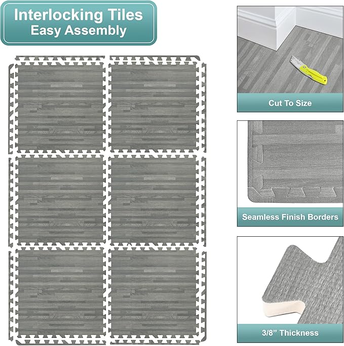 Sorbus Wood Grain Floor Tiles Foam Mat EVA Interlocking Mats Tile 3/8-Inch Thick Flooring Wood Puzzle Exercise Mats w/Borders - Home Playroom Basement, Apartment, Trade Show, Baby, Dance
