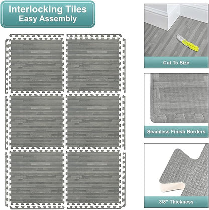 Sorbus Wood Grain Floor Tiles Foam Mat EVA Interlocking Mats Tile 3/8-Inch Thick Flooring Wood Puzzle Exercise Mats w/Borders - Home Playroom Basement, Apartment, Trade Show, Baby, Dance