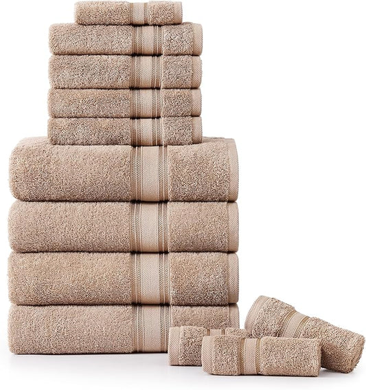 LANE LINEN Luxury Bath Towels Set - 12 Piece, 100% Cotton, Zero Twist, Super Soft & Extra Absorbent, Includes 4 Bath Towels, 4 Hand Towels, 4 Washcloths - Taupe