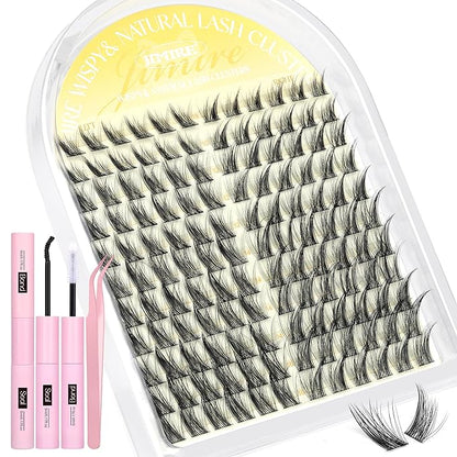 JIMIRE Lash Clusters Kit Wispy Lash Extension Kit 10-16MM Manga Eyelash Clusters Left Right DIY Eyelash Extension Kit with Lash Bond and Seal Soft D-Curly Lashes Clusters 132Pcs