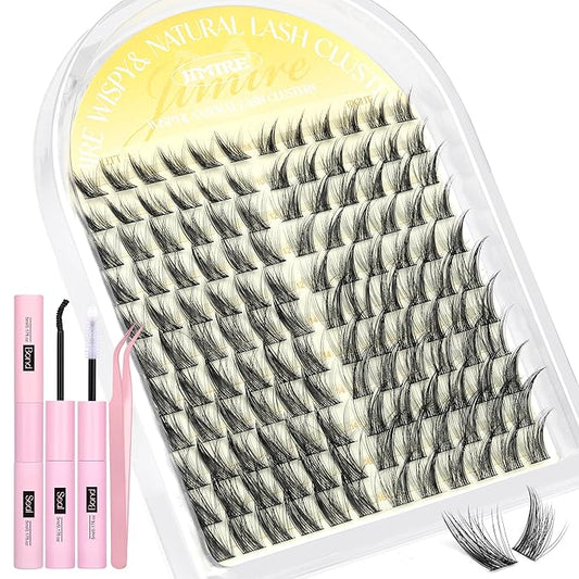 JIMIRE Lash Clusters Kit Wispy Lash Extension Kit 10-16MM Manga Eyelash Clusters Left Right DIY Eyelash Extension Kit with Lash Bond and Seal Soft D-Curly Lashes Clusters 132Pcs