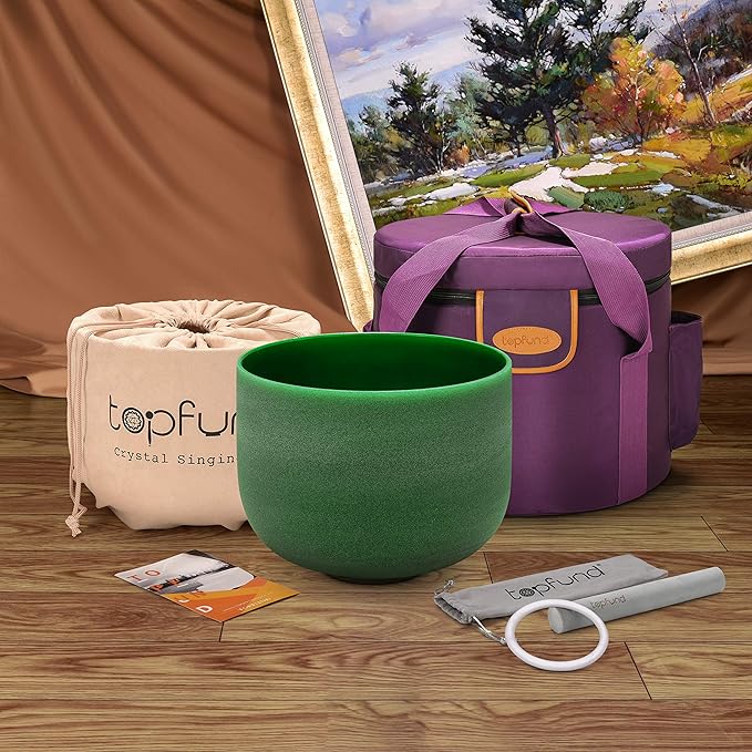 TOPFUND Green F Note Crystal Singing Bowl Heart Chakra 10" with Heavy Duty Carrying Case and Suede Mallet