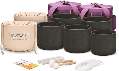 TOPFUND 7-12 inch Chakra Set of 7 Crystal Singing Bowls with Carrying Cases and Mallets