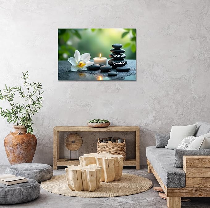 YIOZHAOFH Louts Wall Art Yoga Room Painting Zen Office Decor Women Spa Picture Calming Relax Canvas Prints Inhale Exhale Artwork Framed for Living Room Ready to Hang (16L x 24W)