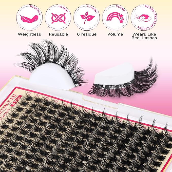 FANXITON Lash Clusters Kit Wispy Clusters Eyelash Extensions Natural Lash Extension Kit 168 Pcs 10-18mm Individual Lashes Thin Band Cluster Lashes with Waterproof Lash Bond and Seal Tweezers