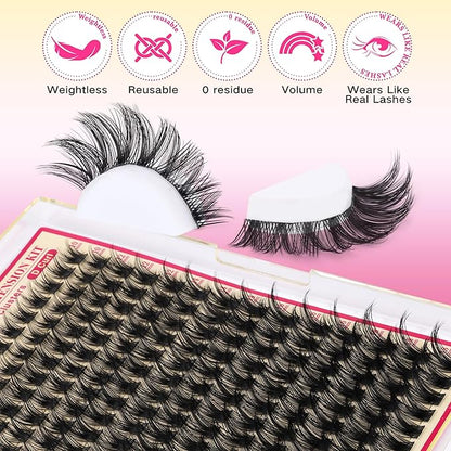 FANXITON Lash Clusters Kit Wispy Clusters Eyelash Extensions Natural Lash Extension Kit 168 Pcs 10-18mm Individual Lashes Thin Band Cluster Lashes with Waterproof Lash Bond and Seal Tweezers