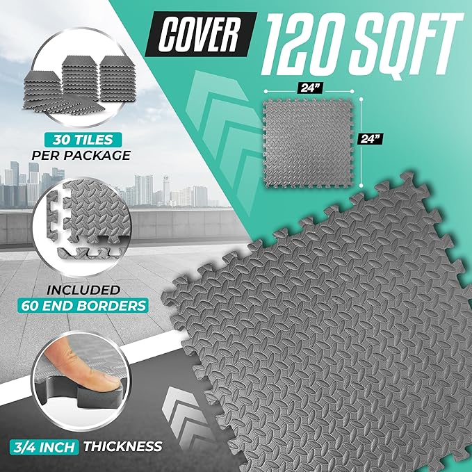 Yes4All 24SQFT-120SQFT Puzzle Exercise Mat for Home Gym, EVA Interlocking Foam Floor Tiles with Border for Workout Equipment