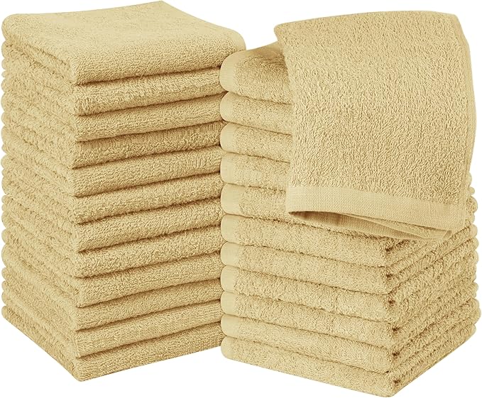 Utopia Towels 24 Pack Cotton Washcloths Set, 100% Ring Spun Cotton, Premium Quality Flannel Face Cloths, Highly Absorbent and Soft Feel Fingertip Towels, Beige