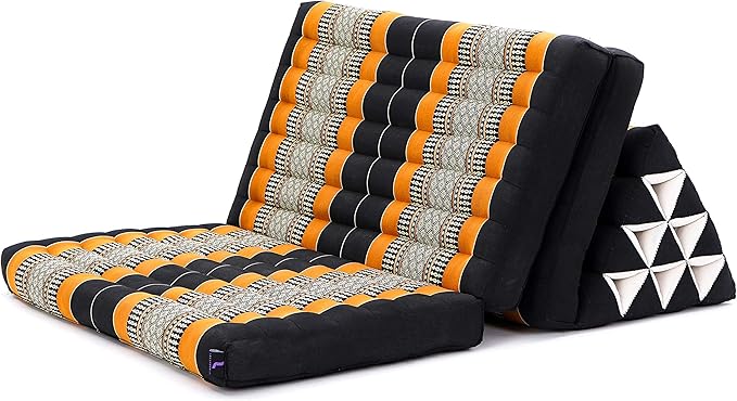 Leewadee Comfortable Japanese Floor Mattress - Thai Floor Bed with Triangle Cushion - Futon Mattress - XL Extra Wide Thai Massage Mat, 67 x 31 inches, Black Orange, Kapok Filling