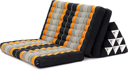 Leewadee Comfortable Japanese Floor Mattress - Thai Floor Bed with Triangle Cushion - Futon Mattress - XL Extra Wide Thai Massage Mat, 67 x 31 inches, Black Orange, Kapok Filling