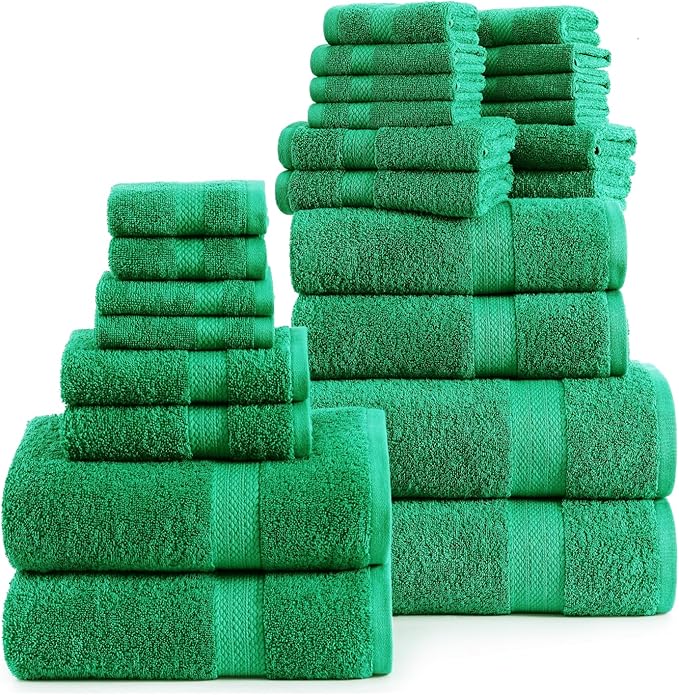 LANE LINEN 100% Mercerized Cotton Bathroom Towels Set - 24 Pc - Ringspun, Quick Dry, Soft & Absorbent - 2 Bath Sheets, 4 Bath Towels, 6 Hand Towels, 8 Washcloths, 4 Fingertip - Family Pack - Emerald