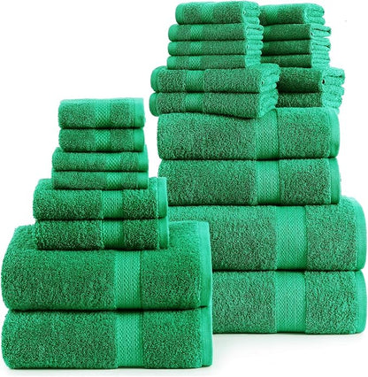 LANE LINEN 100% Mercerized Cotton Bathroom Towels Set - 24 Pc - Ringspun, Quick Dry, Soft & Absorbent - 2 Bath Sheets, 4 Bath Towels, 6 Hand Towels, 8 Washcloths, 4 Fingertip - Family Pack - Emerald