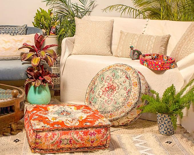 Mandala Life ART Large Yoga Décor Bean Bag Cover Orange Boho Chic Orange Decorative Floor Cushion Moroccan Seating Area Perfect for Living Room, Bedroom, Nursary or Children Room Unstuffed