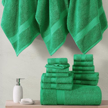 LANE LINEN 100% Mercerized Cotton Bathroom Towels Set - 24 Pc - Ringspun, Quick Dry, Soft & Absorbent - 2 Bath Sheets, 4 Bath Towels, 6 Hand Towels, 8 Washcloths, 4 Fingertip - Family Pack - Emerald