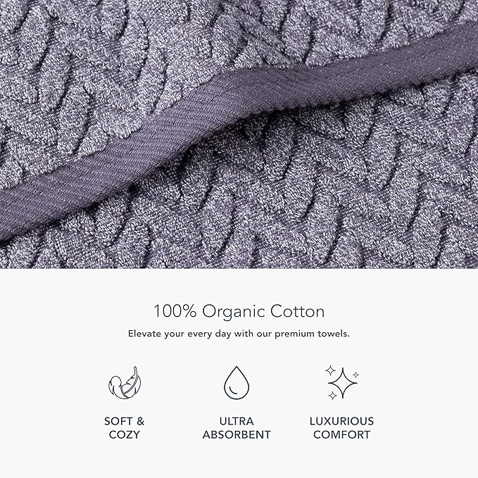Texere 100% Organic Cotton Jacquard 650 GSM Premium Bath Towel Sets - Extra Absorbent Quick Dry and Soft (Cable, Granite, 2 Bath Towels)