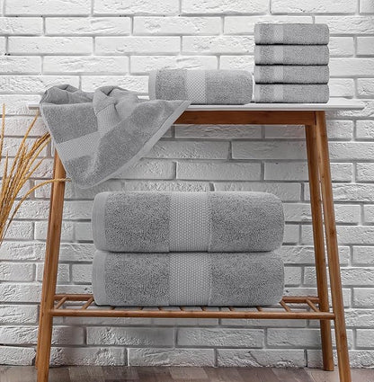 White Classic Luxury Bath Towel Set of 8 Pieces - 100% Turkish Cotton Highly Absorbent Towels for Bathroom, 2 Luxury Bath Towels 700GSM, 2 Hand Towels, 4 Washcloths, Light Gray