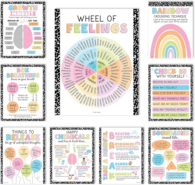9 Mental Health Posters For Classroom - 11x14" School Counselor Office Decor, Power of Yet & Growth Mindset Poster, School Counseling Posters Elementary - Pastel Classroom Decor