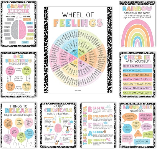 9 Mental Health Posters For Classroom - 11x14" School Counselor Office Decor, Power of Yet & Growth Mindset Poster, School Counseling Posters Elementary - Pastel Classroom Decor