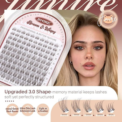 JIMIRE Brown Lash Clusters Wispy Lash Extensions Invisible Lash Band Eyelash Clusters Lightweight Lash Clusters 8-16MM Soft CC Curly Cluster Eyelash Extensions DIY Drak Brown Cluster Lashes at Home
