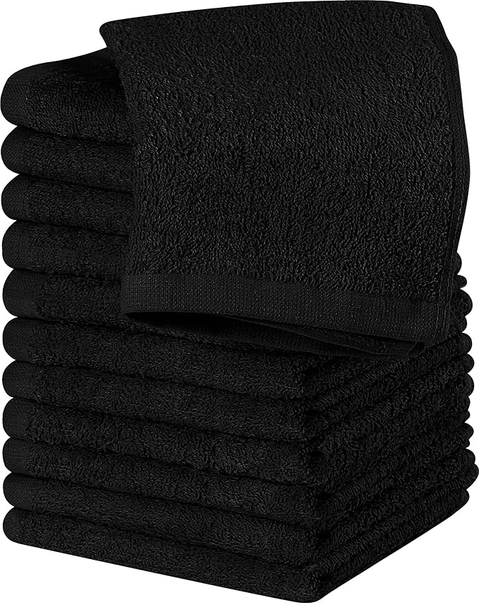 Utopia Towels 12 Pack Cotton Washcloths Set, 100% Ring Spun Cotton, Premium Flannel Face Cloths, Highly Absorbent and Soft Feel Fingertip Towels, Black