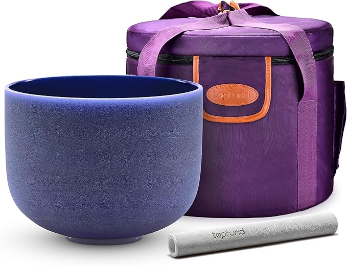 TOPFUND Indigo 432 Hz A Note Crystal Singing Bowl 8 inch Third Eye Chakra with Heavy Duty Carrying Case and Suede Mallet