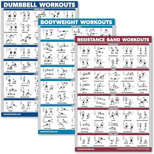 Palace Learning 3 Pack - Dumbbell Workouts + Bodyweight Exercises + Resistance Bands Poster Set - Set of 3 Workout Charts