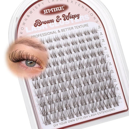 JIMIRE Brown Lash Clusters Wispy Lash Extensions Invisible Lash Band Eyelash Clusters Lightweight Lash Clusters 8-16MM Soft CC Curly Cluster Eyelash Extensions DIY Drak Brown Cluster Lashes at Home