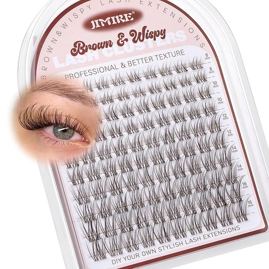 JIMIRE Brown Lash Clusters Wispy Lash Extensions Invisible Lash Band Eyelash Clusters Lightweight Lash Clusters 8-16MM Soft CC Curly Cluster Eyelash Extensions DIY Drak Brown Cluster Lashes at Home