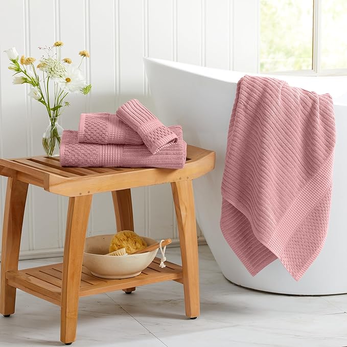 Springtree Home 100% Cotton Bath Towel Set | 6 Piece Set | Absorbent & Quick-Dry Bath Towels | Textured and Durable Cotton | Krista Collection - Bridal Rose