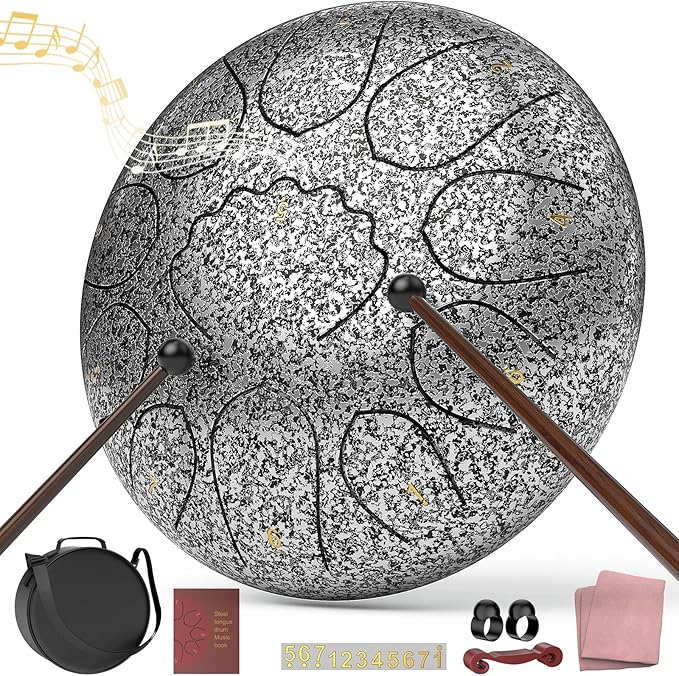 Rain Drum for Outside Garden, 8 Inches 11 Notes Steel Tongue Drum, Waterproof Meditation Rain Chime, Musical Instruments for Adult Gift with Bag, Music Book, Mallets (Star Sliver)