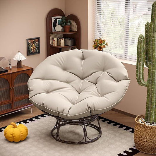46'' Large Size Papasan Chair with Cushion and Frame, Lazy Circle Round Chair for Bedroom and Living Room, Beige
