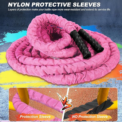 Battle Ropes for Home Gym,1.26inch 30ft Long Pink Battle Ropes with Protective Cover - Workout Equipment Heavy Exercise Ropes for Strength Training for Kids or Adults