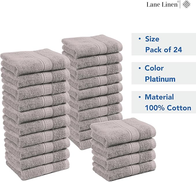 LANE LINEN 100% Cotton Wash Cloths - 24 Pcs - Spa & Salon Quality - Ring Spun Cotton Face Cloths - Soft & Absorbent Washcloths for Body, Beauty, Home, Gym - Fingertip Towels Set - 13"x13", Platinum