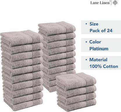 LANE LINEN 100% Cotton Wash Cloths - 24 Pcs - Spa & Salon Quality - Ring Spun Cotton Face Cloths - Soft & Absorbent Washcloths for Body, Beauty, Home, Gym - Fingertip Towels Set - 13"x13", Platinum