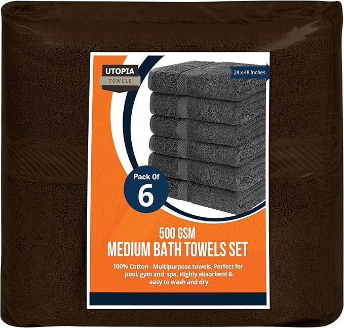 Utopia Towels 6 Pack Medium Bath Towel Set, 24 by 48 Inches, 500 GSM 100% Ring Spun Cotton, Lightweight and Highly Absorbent Quick Drying Premium Towels for Hotel, Spa and Bathroom, Dark Brown