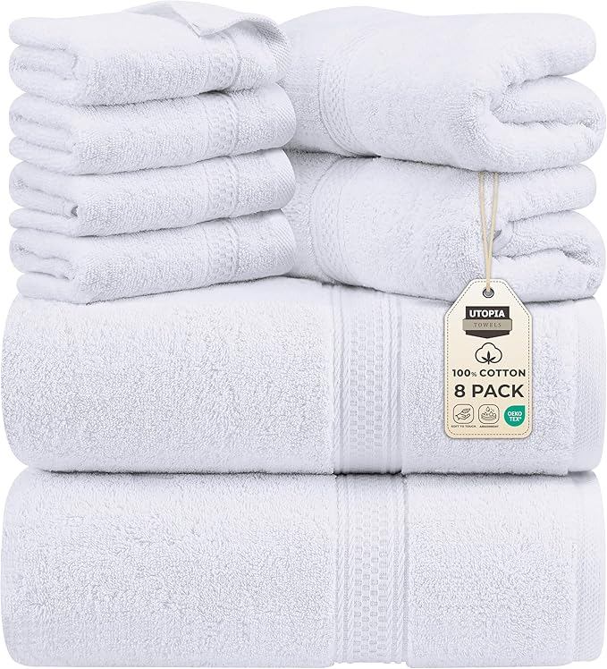 Utopia Towels 8 Piece Premium Towel Set, 2 Bath, 2 Hand, and 4 Wash Cloths, 600 GSM 100% Ring Spun Cotton, Highly Absorbent Towels for Bathroom, Gym, Hotel, and Spa, White