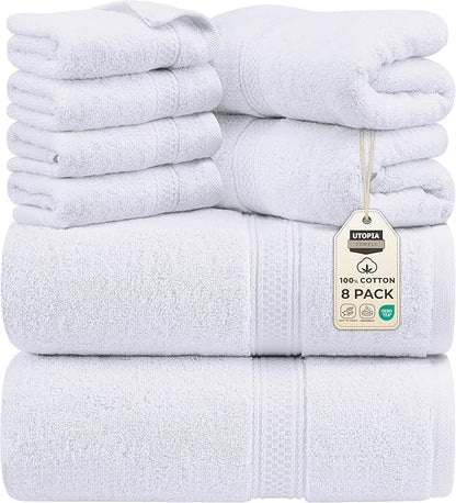 Utopia Towels 8 Piece Premium Towel Set, 2 Bath, 2 Hand, and 4 Wash Cloths, 600 GSM 100% Ring Spun Cotton, Highly Absorbent Towels for Bathroom, Gym, Hotel, and Spa, White