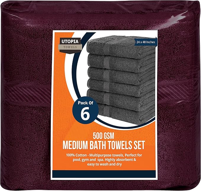 Utopia Towels 6 Pack Medium Bath Towel Set, 24 by 48 Inches, 500 GSM 100% Ring Spun Cotton, Lightweight and Highly Absorbent Quick Drying Premium Towels for Hotel, Spa and Bathroom, Burgundy