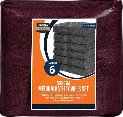 Utopia Towels 6 Pack Medium Bath Towel Set, 24 by 48 Inches, 500 GSM 100% Ring Spun Cotton, Lightweight and Highly Absorbent Quick Drying Premium Towels for Hotel, Spa and Bathroom, Burgundy