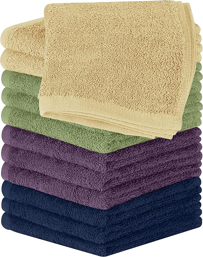 Utopia Towels 12 Pack Cotton Washcloths Set, 100% Ring Spun Cotton, Premium Flannel Face Cloths, Highly Absorbent and Soft Feel Fingertip Towels, Beige, Plum, Sage Green, Navy
