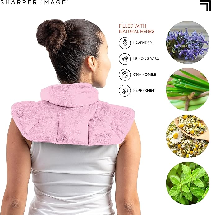 Sharper Image Heated Neck & Shoulder Wrap - Microwavable Warm & Cooling Plush Pad, Scented Aromatherapy (100% Natural Lavender & Herb Spa Blend), Pain Tension Headache Relief Therapy, Gift for Women
