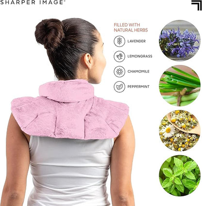 Sharper Image Heated Neck & Shoulder Wrap - Microwavable Warm & Cooling Plush Pad, Scented Aromatherapy (100% Natural Lavender & Herb Spa Blend), Pain Tension Headache Relief Therapy, Gift for Women