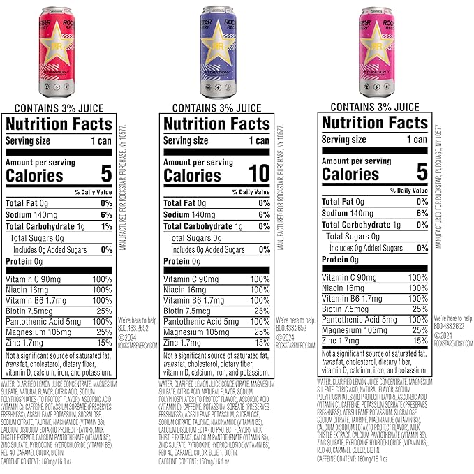 Rockstar Recovery Non-Carbonated Energy Drink, 3 Flavor Variety Pack (Raspberry Lemonade, Berryade, Strawberry Lemonade), 16 Fl Oz Cans (12 Pack), 160mg Caffeine, B Vitamins, Electrolytes