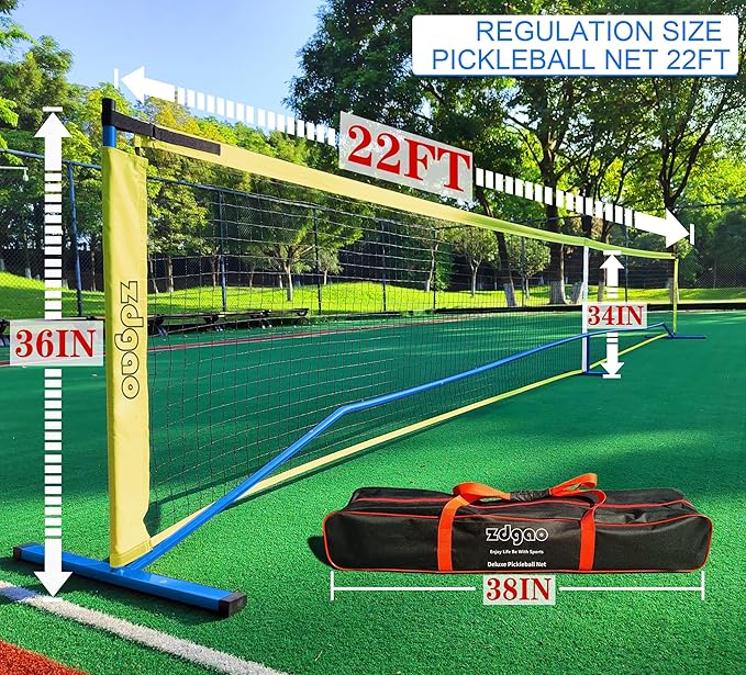 Pickleball Net Set for Driveway, 22FT Regulation Size Pickleball Net with Paddles Set of 4, Outdoor Pickleballs and Carry Bag for Driveway, Weather Resistance Strong Steel Frame