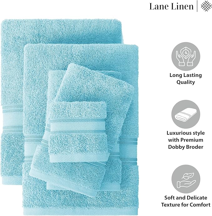 LANE LINEN Luxury Bath Towels Set - 12 Piece, 100% Cotton, Zero Twist, Super Soft & Absorbent, Includes 4 Bath Towels, 4 Hand Towels, 4 Washcloths - Blue